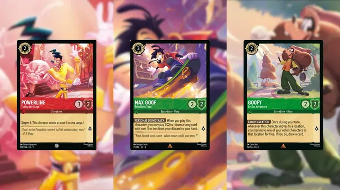 A picture of the Disney Lorcana cards, Powerline – Taking the Stage, Max Goof – Rebellious Teen, and Goofy – Set for Adventure.